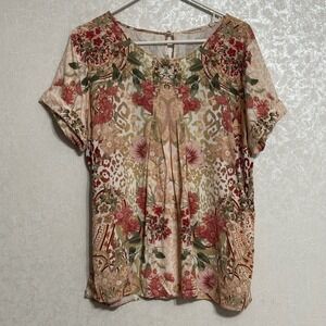 Soft Surroundings Cusabo Top Pleated Leopard Floral Print Blouse Cuffed Sleeve L